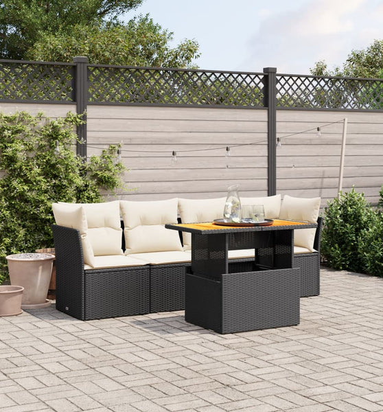 5-tlg. Garten-Sofagarnitur mit Kissen Schwarz Poly Rattan