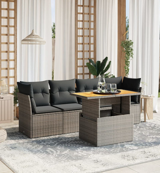 5-tlg. Garten-Sofagarnitur mit Kissen Grau Poly Rattan
