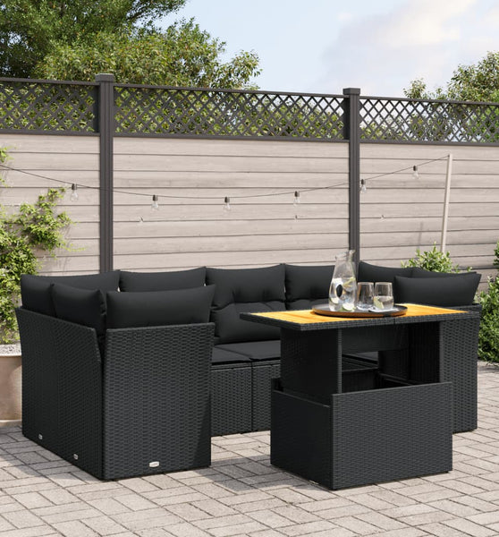 7-tlg. Garten-Sofagarnitur mit Kissen Schwarz Poly Rattan