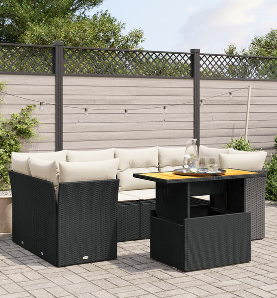 7-tlg. Garten-Sofagarnitur mit Kissen Schwarz Poly Rattan