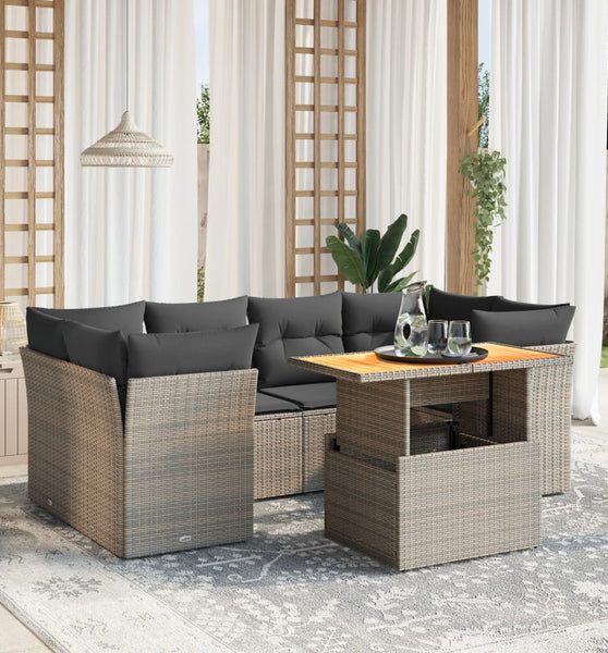 7-tlg. Garten-Sofagarnitur mit Kissen Grau Poly Rattan