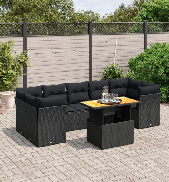 8-tlg. Garten-Sofagarnitur mit Kissen Schwarz Poly Rattan