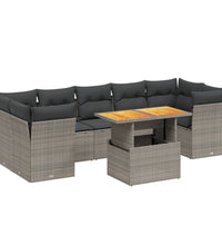 8-tlg. Garten-Sofagarnitur mit Kissen Grau Poly Rattan