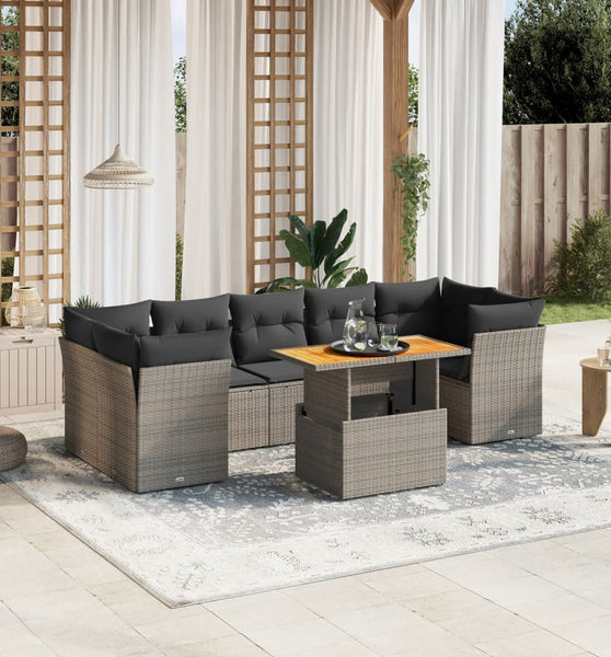 8-tlg. Garten-Sofagarnitur mit Kissen Grau Poly Rattan