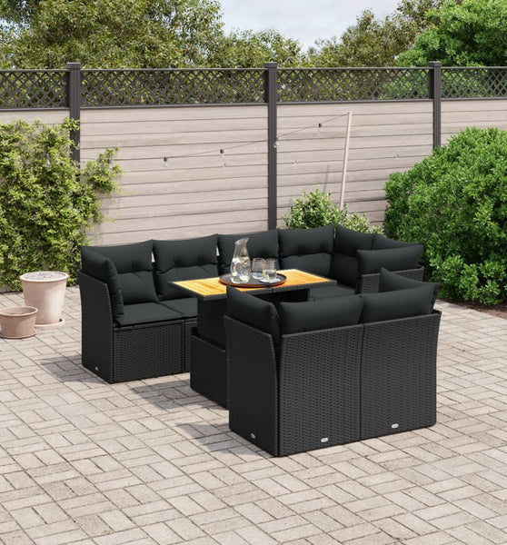 8-tlg. Garten-Sofagarnitur mit Kissen Schwarz Poly Rattan