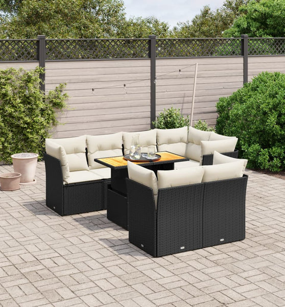 8-tlg. Garten-Sofagarnitur mit Kissen Schwarz Poly Rattan