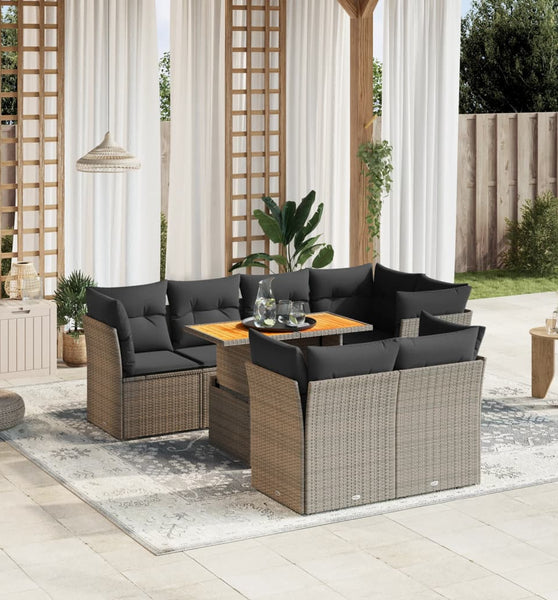 8-tlg. Garten-Sofagarnitur mit Kissen Grau Poly Rattan