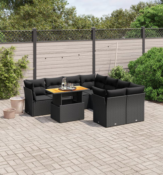 9-tlg. Garten-Sofagarnitur mit Kissen Schwarz Poly Rattan