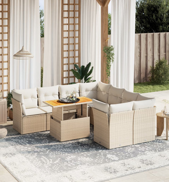 9-tlg. Garten-Sofagarnitur mit Kissen Beige Poly Rattan