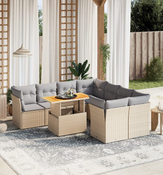 9-tlg. Garten-Sofagarnitur mit Kissen Beige Poly Rattan