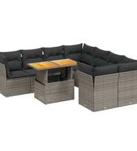 9-tlg. Garten-Sofagarnitur mit Kissen Grau Poly Rattan