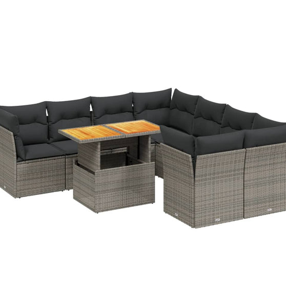 9-tlg. Garten-Sofagarnitur mit Kissen Grau Poly Rattan