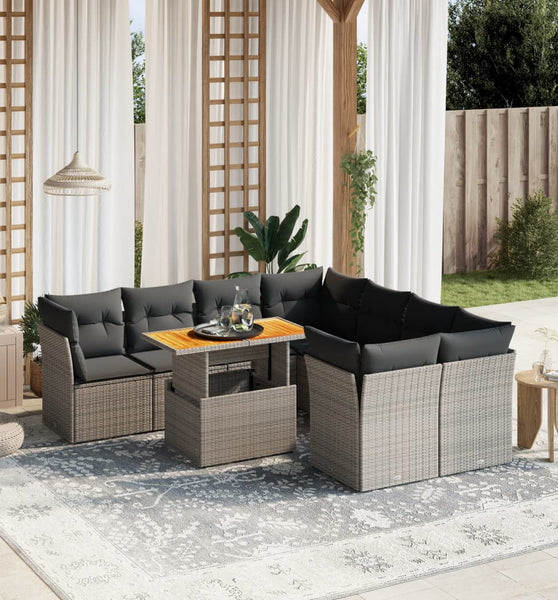9-tlg. Garten-Sofagarnitur mit Kissen Grau Poly Rattan