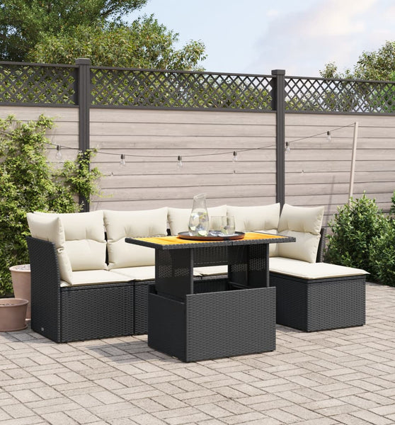6-tlg. Garten-Sofagarnitur mit Kissen Schwarz Poly Rattan