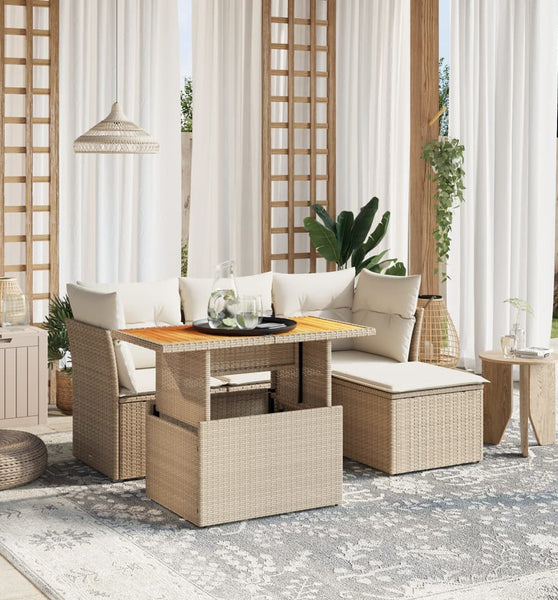 6-tlg. Garten-Sofagarnitur mit Kissen Beige Poly Rattan