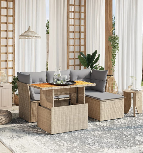6-tlg. Garten-Sofagarnitur mit Kissen Beige Poly Rattan