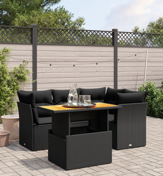 5-tlg. Garten-Sofagarnitur mit Kissen Schwarz Poly Rattan