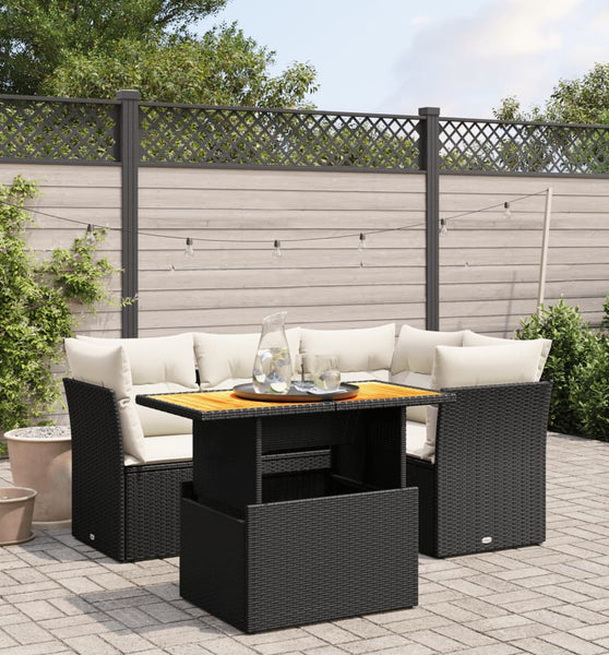 5-tlg. Garten-Sofagarnitur mit Kissen Schwarz Poly Rattan