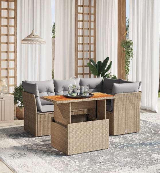 5-tlg. Garten-Sofagarnitur mit Kissen Beige Poly Rattan