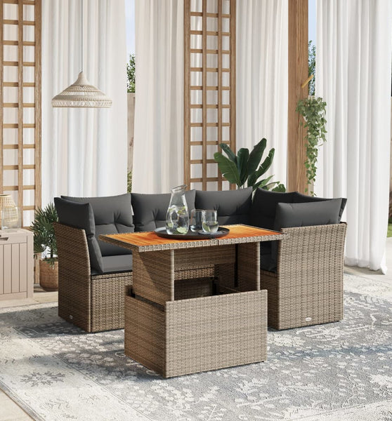5-tlg. Garten-Sofagarnitur mit Kissen Grau Poly Rattan