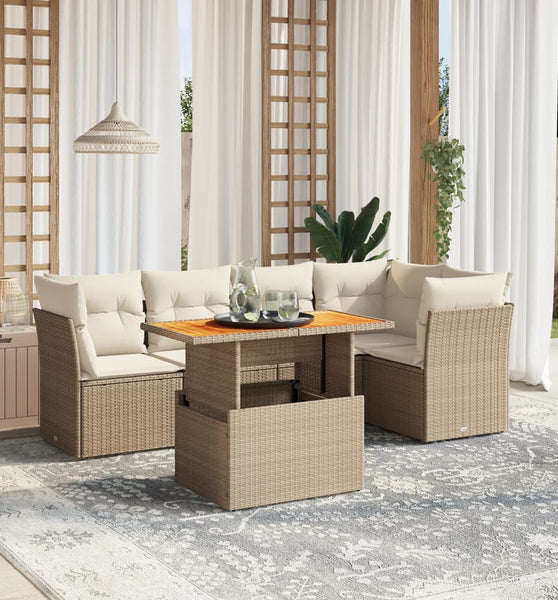 5-tlg. Garten-Sofagarnitur mit Kissen Beige Poly Rattan