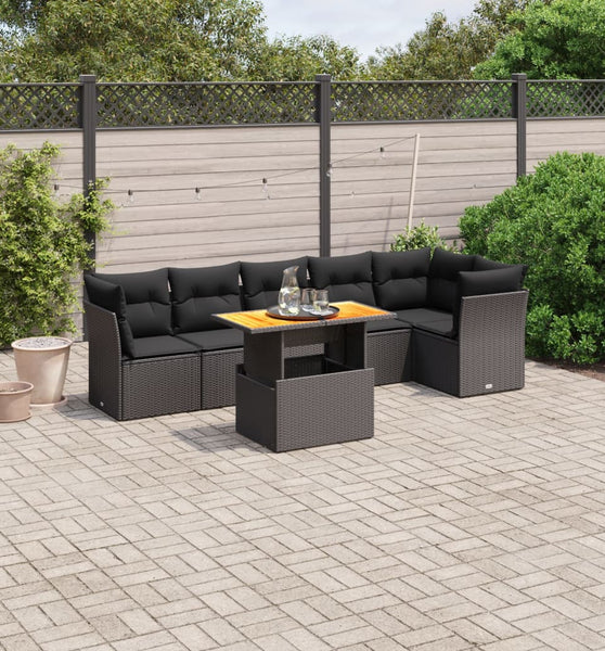 7-tlg. Garten-Sofagarnitur mit Kissen Schwarz Poly Rattan