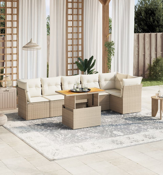7-tlg. Garten-Sofagarnitur mit Kissen Beige Poly Rattan
