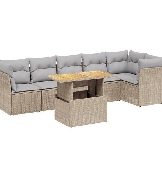 7-tlg. Garten-Sofagarnitur mit Kissen Beige Poly Rattan