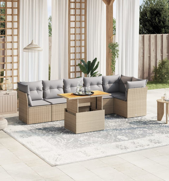 7-tlg. Garten-Sofagarnitur mit Kissen Beige Poly Rattan
