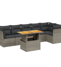 7-tlg. Garten-Sofagarnitur mit Kissen Grau Poly Rattan