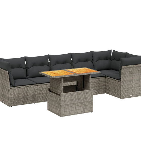7-tlg. Garten-Sofagarnitur mit Kissen Grau Poly Rattan