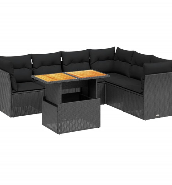 7-tlg. Garten-Sofagarnitur mit Kissen Schwarz Poly Rattan