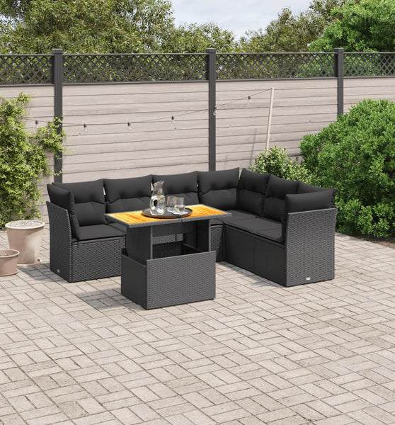 7-tlg. Garten-Sofagarnitur mit Kissen Schwarz Poly Rattan
