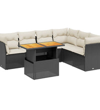 7-tlg. Garten-Sofagarnitur mit Kissen Schwarz Poly Rattan