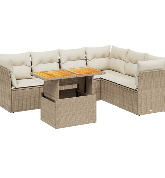 7-tlg. Garten-Sofagarnitur mit Kissen Beige Poly Rattan