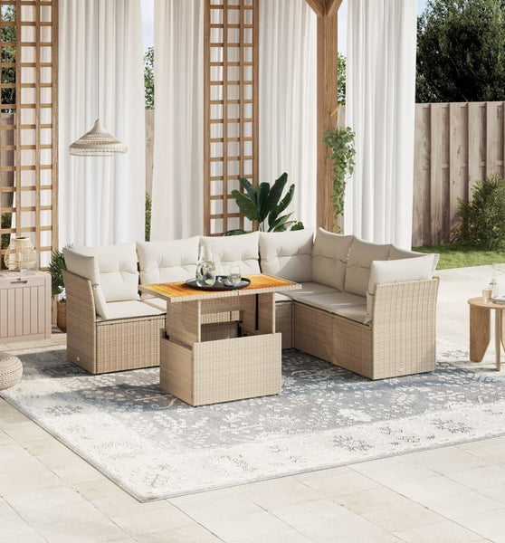 7-tlg. Garten-Sofagarnitur mit Kissen Beige Poly Rattan