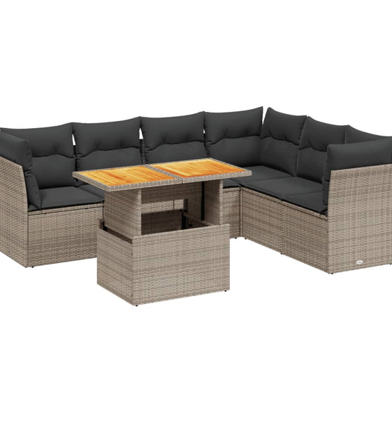 7-tlg. Garten-Sofagarnitur mit Kissen Grau Poly Rattan