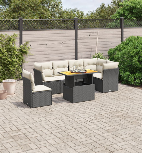 7-tlg. Garten-Sofagarnitur mit Kissen Schwarz Poly Rattan