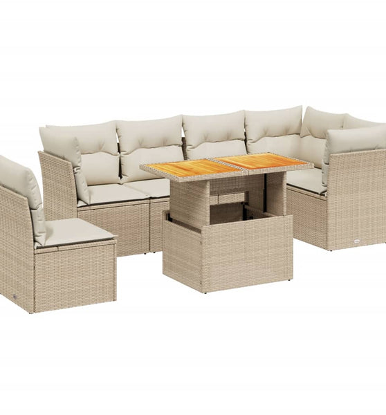 7-tlg. Garten-Sofagarnitur mit Kissen Beige Poly Rattan