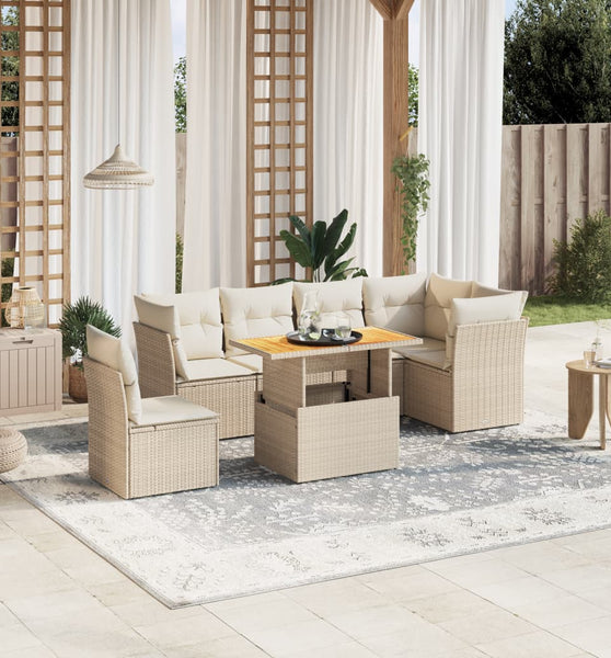 7-tlg. Garten-Sofagarnitur mit Kissen Beige Poly Rattan