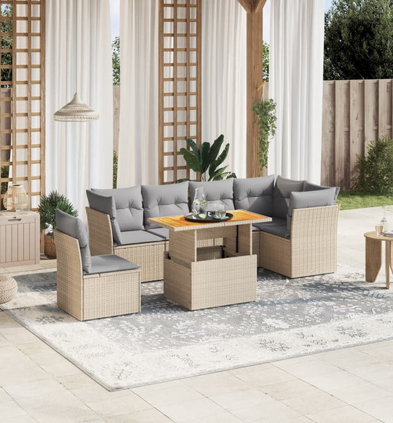 7-tlg. Garten-Sofagarnitur mit Kissen Beige Poly Rattan