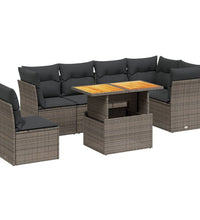 7-tlg. Garten-Sofagarnitur mit Kissen Grau Poly Rattan
