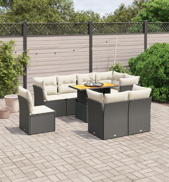 9-tlg. Garten-Sofagarnitur mit Kissen Schwarz Poly Rattan
