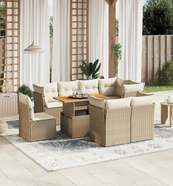 9-tlg. Garten-Sofagarnitur mit Kissen Beige Poly Rattan