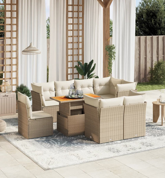 9-tlg. Garten-Sofagarnitur mit Kissen Beige Poly Rattan