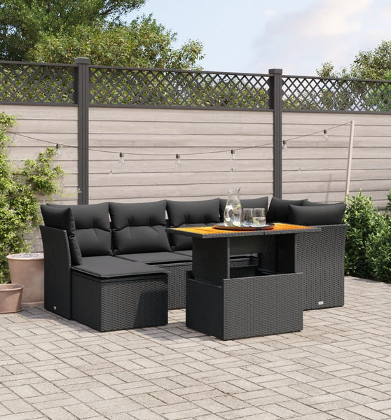 7-tlg. Garten-Sofagarnitur mit Kissen Schwarz Poly Rattan