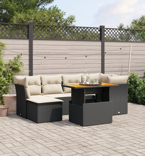 7-tlg. Garten-Sofagarnitur mit Kissen Schwarz Poly Rattan