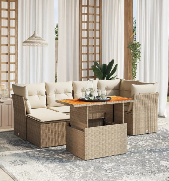 7-tlg. Garten-Sofagarnitur mit Kissen Beige Poly Rattan