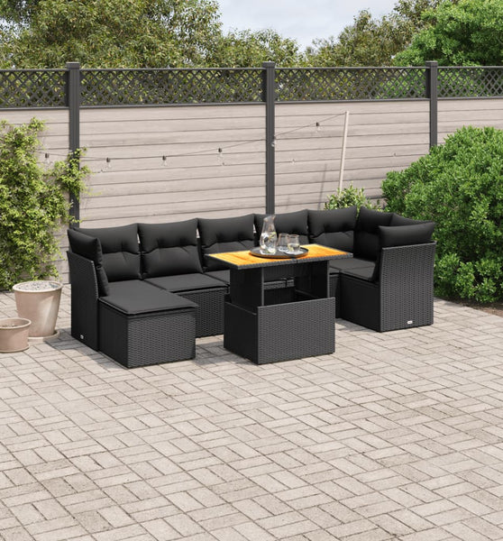 8-tlg. Garten-Sofagarnitur mit Kissen Schwarz Poly Rattan