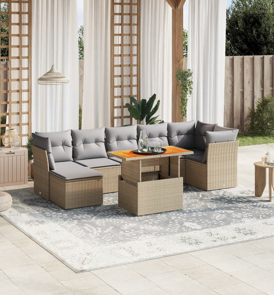 8-tlg. Garten-Sofagarnitur mit Kissen Beige Poly Rattan